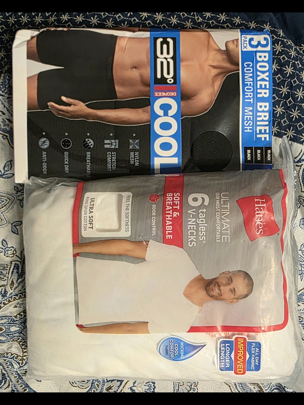 32 Degree Black Boxer Briefs & Hanes White Tagless V-Neck 6-Pack